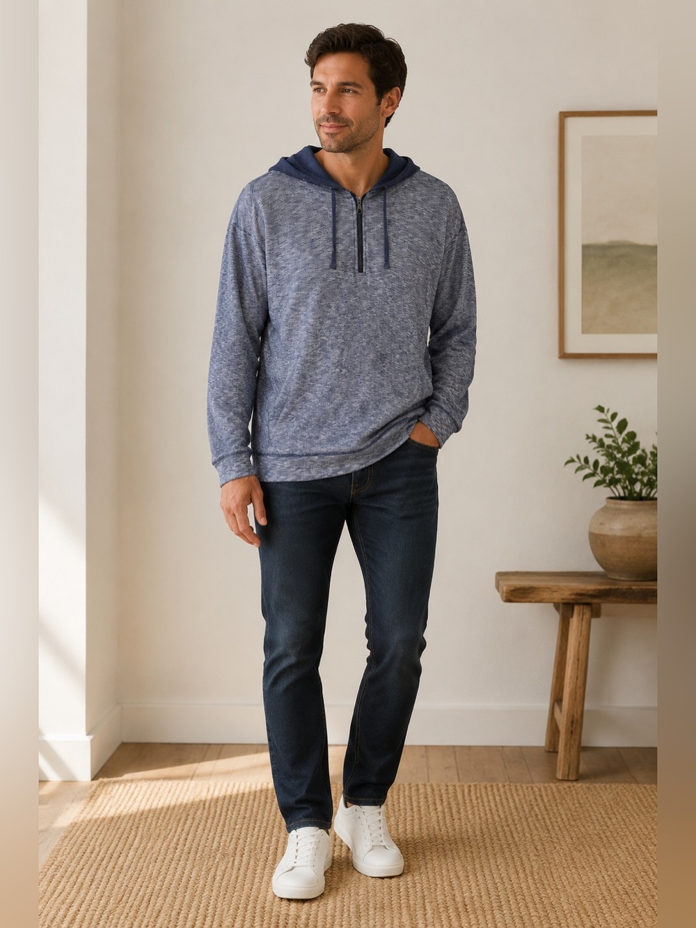 Banana Republic Men’s XXL Blue Marled Quarter-Zip Pullover Hoodie